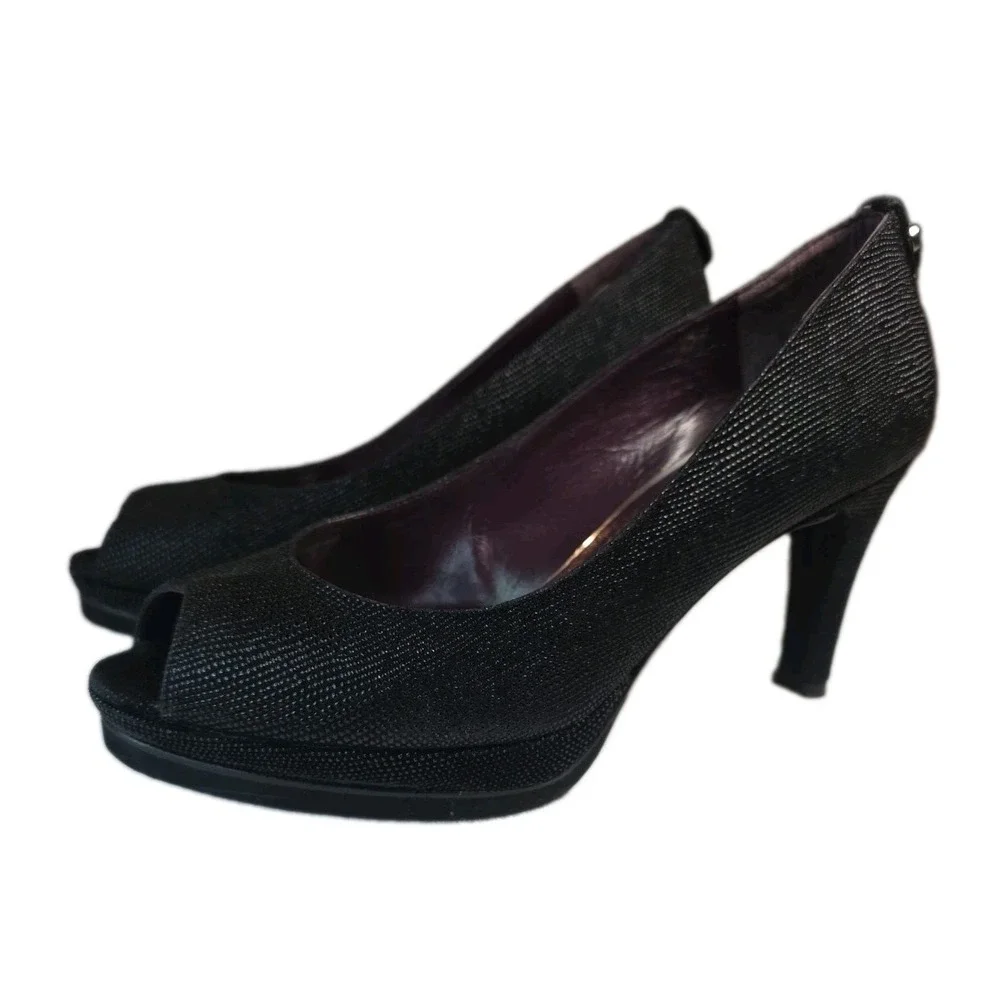 Stuart Weitzman Black Textured Peep Toe Platform Pumps Heels 7M OW31563